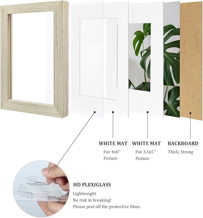 Egofine 4x6 Picture Frame Made of Solid Wood, Covered by Plexiglass Display Pictures 3.5x5 with Mat or 4x6 Without Mat for Table Top Display and Wall Mounting Photo Frame, Distressed Wood Grain
