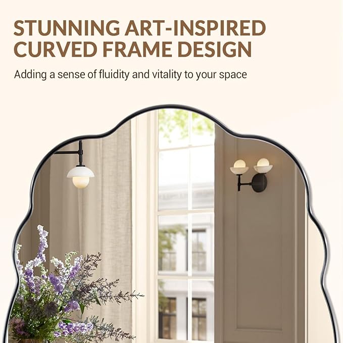 ANDY STAR Brushed Nickel Wavy Oval Bathroom Mirror, 26x38 Inch Silver Scalloped Wall Mirror, Unique Irregular Wall Mirror with Sophisticated Curved Design