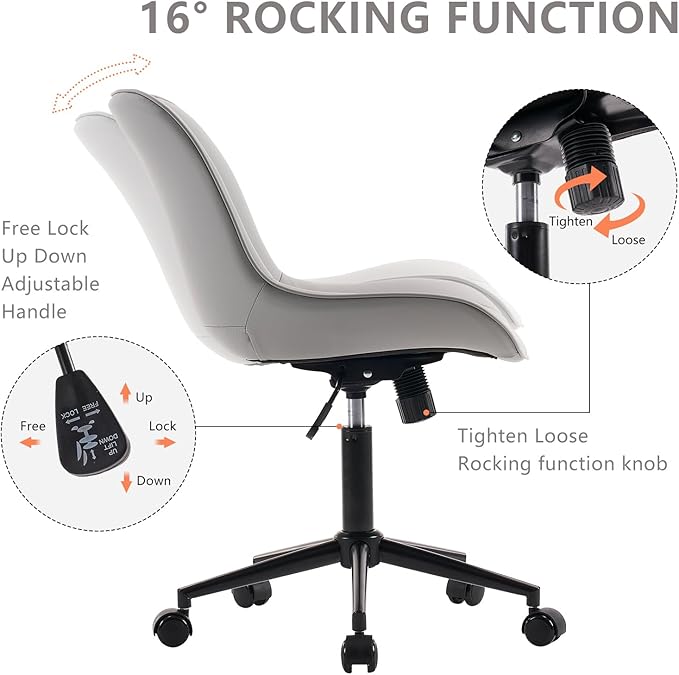 YOUNIKE Grey Ergonomic Home Office Desk Chair Armless Comfy Small Criss Cross Chair with Wheels Swivel Adjustable Modern Vanity Chair Wide Back Cute Leather Upholstered Rolling Task Chair No Arms