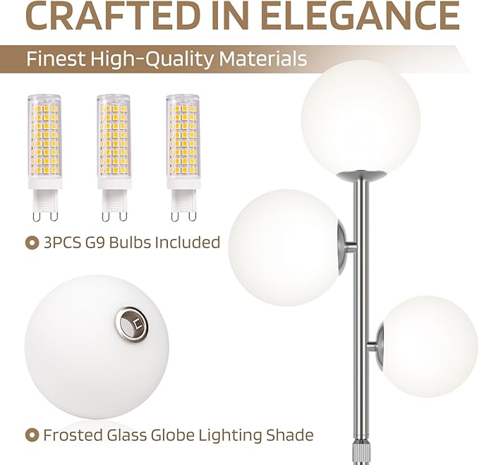 67" Mid Century Floor Lamps for Living Room, 3 Globe Floor Lamp with Frosted Glass Shades, Adjustable Height Standing Lamp with Foot Switch, Tall Lamps for Bedroom Office, G9 Bulbs Included, Silver