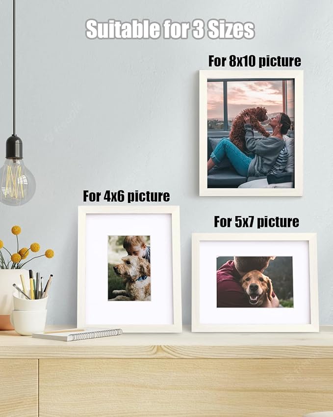 Egofine 8x10 Picture Frame Made of Solid Wood with Plexiglass, Display Pictures 4x6/5x7 with Mat or 8x10 Without Mat for Tabletop and Wall Mounting, Beige