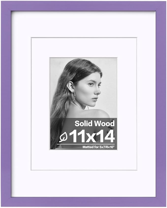 Egofine 11x14 Picture Frame Made of Solid Wood Covered by Plexiglass, Display Pictures 5x7/8x10 with Mat or 11x14 Without Mat for Table Top Display and Wall Mounting Photo Frame, Purple