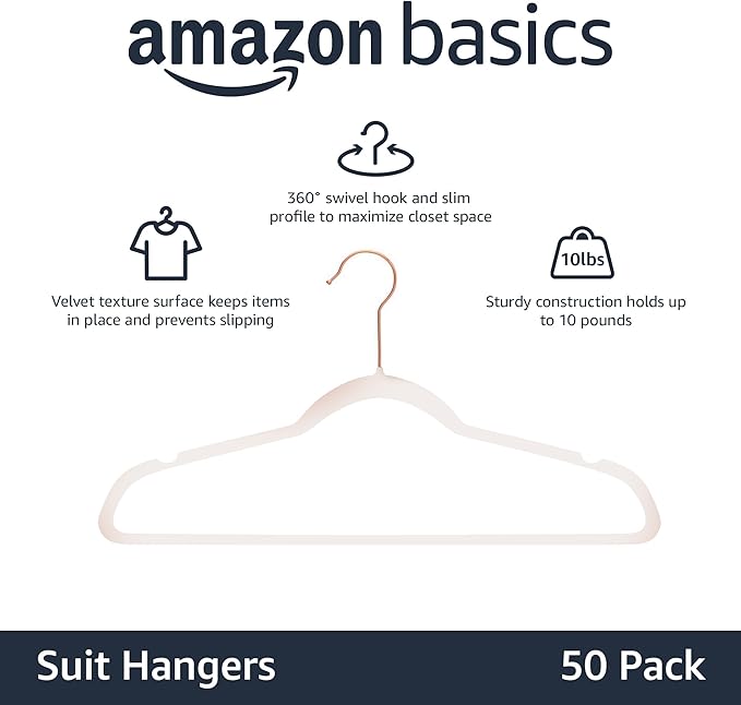Amazon Basics Slim Velvet, Non-Slip Suit Clothes Hangers, Pack of 50, Blush Pink/Rose Gold