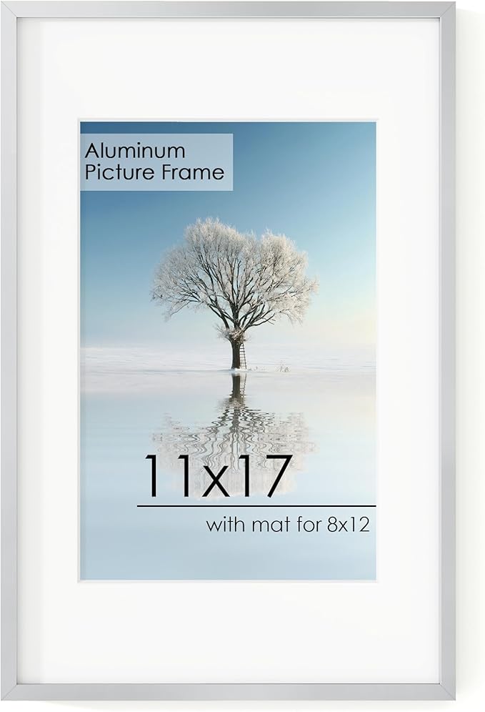 11x17 Metal Picture Frame for Wall With Mat for 8x12, 11''x17'' Aluminum Photo Frames With Tempered Glass for Home Decor, Minimalist Modern Poster Frame Horizontal And Vertical Formats, Silver