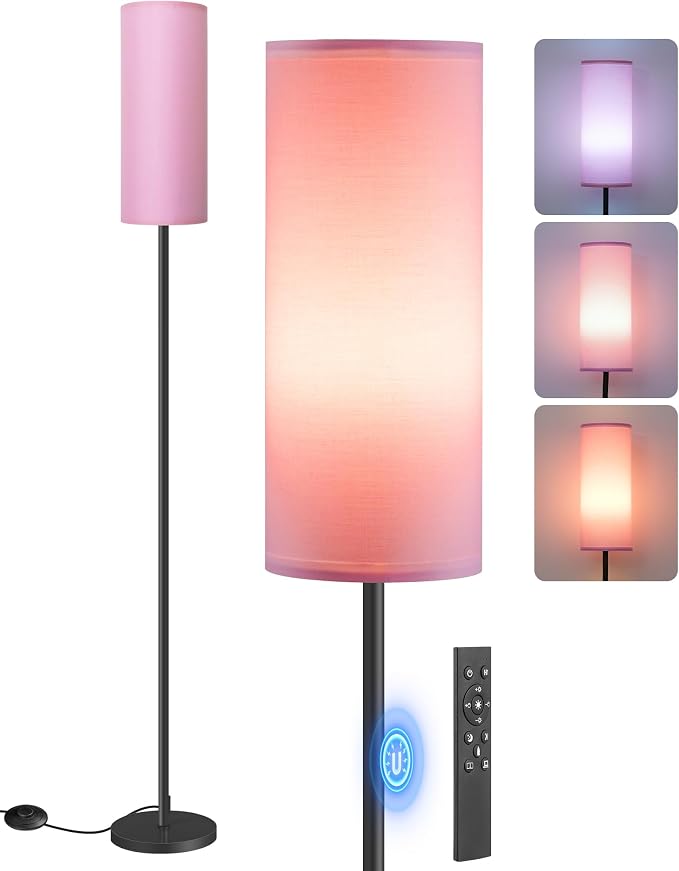 Dimmable Pink Floor Lamp for Living Room with Remote and Foot Switch, Corner Floor Lamp for Bedroom, 64.4" Standing Tall Lamp, 10W 900LM Bulb Included, 3000K-6500K, Linen Shade, FCC Listed P06LD05W1