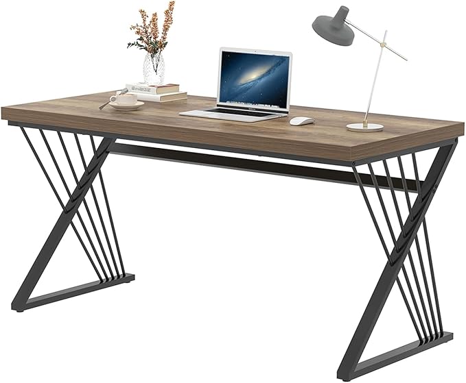 FOLUBAN Modern Home Office Desk, Wood and Metal Computer Desk, Industrial Study Writing Work Table for Bedroom Living Room, Oak, 60 Inch