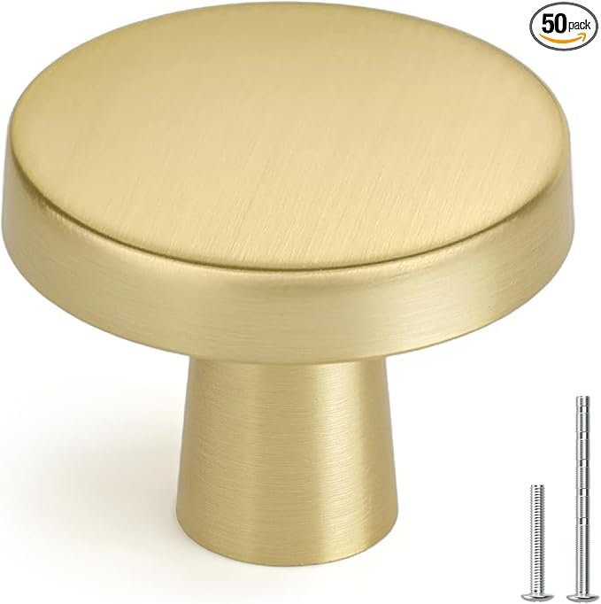 homdiy 50 Pack Gold Cabinet Knobs Round Brushed Brass Kitchen Handles Zinc Alloy Metal Hardware for Dresser Drawer Desk Cupboard