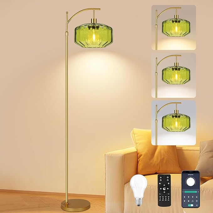 Gold Floor Lamps for Living Room Bedroom,Glass Floor Lamp with Remote Control & Green Lampshade,Arc Dimmable Floor Lamp Mid Century Modern Standing Lamp Vintage Tall Floor Lamps for Bedroom Corner