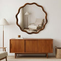 Elountik 36 Inch Wavy Round Solid Wood Frame Mirror with Black Walnut Finish, Decorative Wall Mirror for Living Room, Bathroom, Bedroom or Entryway
