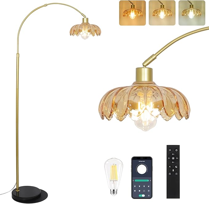 Gold Floor Lamp for Bedroom, Arc Floor Lamp with Remote & LED Bulb, Flower Standing Lamps for Living Room, Glass Corner Tall Lamp, Mid Century Modern Floor Lamps, Arched Stand Up Lamp (Amber)