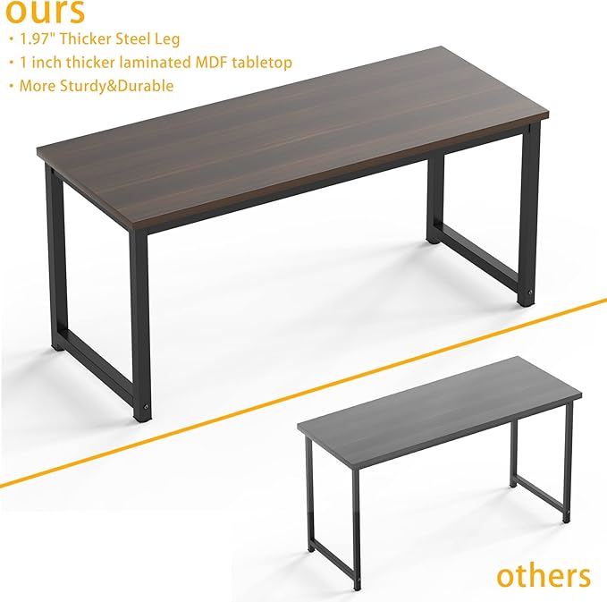 NSdirect Large Office Desk for Home Office, Large 63” Computer Desk Table, Wide Writing Study Desk for 2 Person, Metal Sturdy Frame Thicker Steel Legs, Black Chocolate