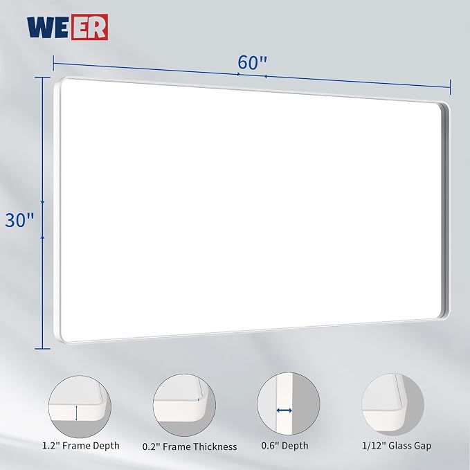 WEER White Bathroom Mirror 60X30 Inch, Rounded Rectangle White Metal Frame Mirror, Matte White Bathroom Vanity Mirror with Tempered Glass, Anti-Rust, Hangs Horizontally or Vertically