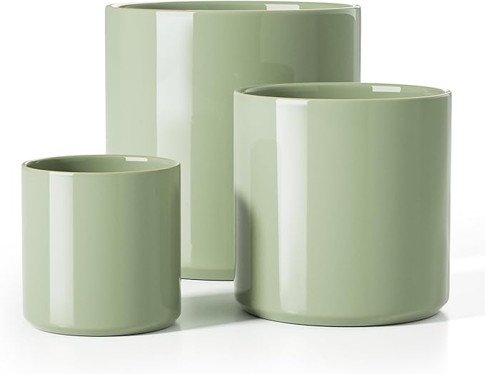 LE TAUCI Ceramic Plant Pots Indoor, 10+8+6 Inch Planters for Indoor Plants, Mid-Century Modern Pots with Drainage Hole and Plug, Cylinder Round Planters, Set of 3, Sage Green