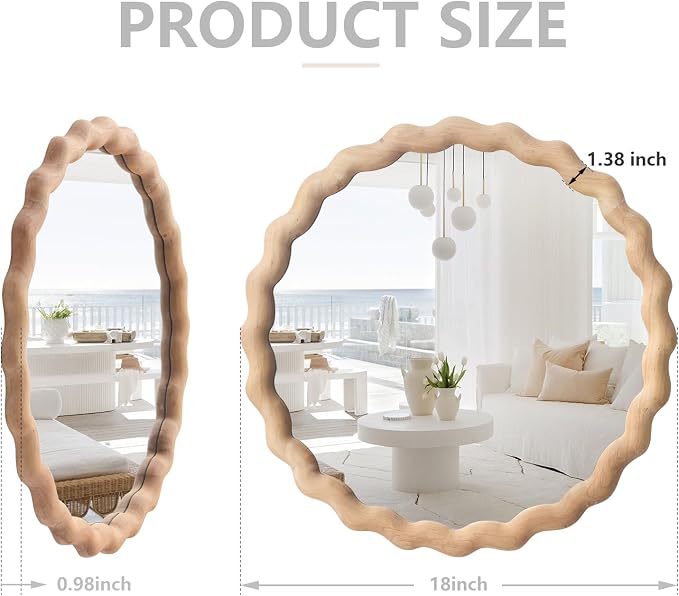 Irregular Wall Mirror,Wood Round Farmhouse Mirror Unique Vanity Mirror,18" Nature Wooden Modern Bathroom Mirror for Washroom Living Room Bedroom