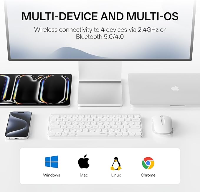 Rapoo 9050S Multi-Device Keyboard and Mouse Combo, 2.4GHz/Bluetooth 5.0/4.0 Wireless Keyboard & Mouse Set for Windows/Mac/Linux/Chrome, Support 4 Devices, Rechargeable, Silent Click, White