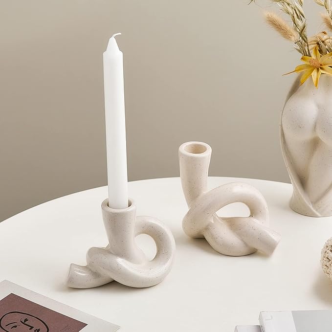 2 Pcs Pretty Ceramic Candle Holder, Modern Abstract Art Candlestick Holder Set, Table Centerpiece Taper Candle Holders Decorations for Home Decor Wedding, Dinning, Party, Mantel, TV Stand, and Kitchen