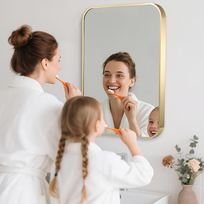 20x30 Inch Gold Bathroom Mirror, Brushed Gold Metal Framed Rectangular Mirror with Rounded Corner, Bathroom Vanity Mirror for Bedroom or Living Room, Horizontal/Vertical