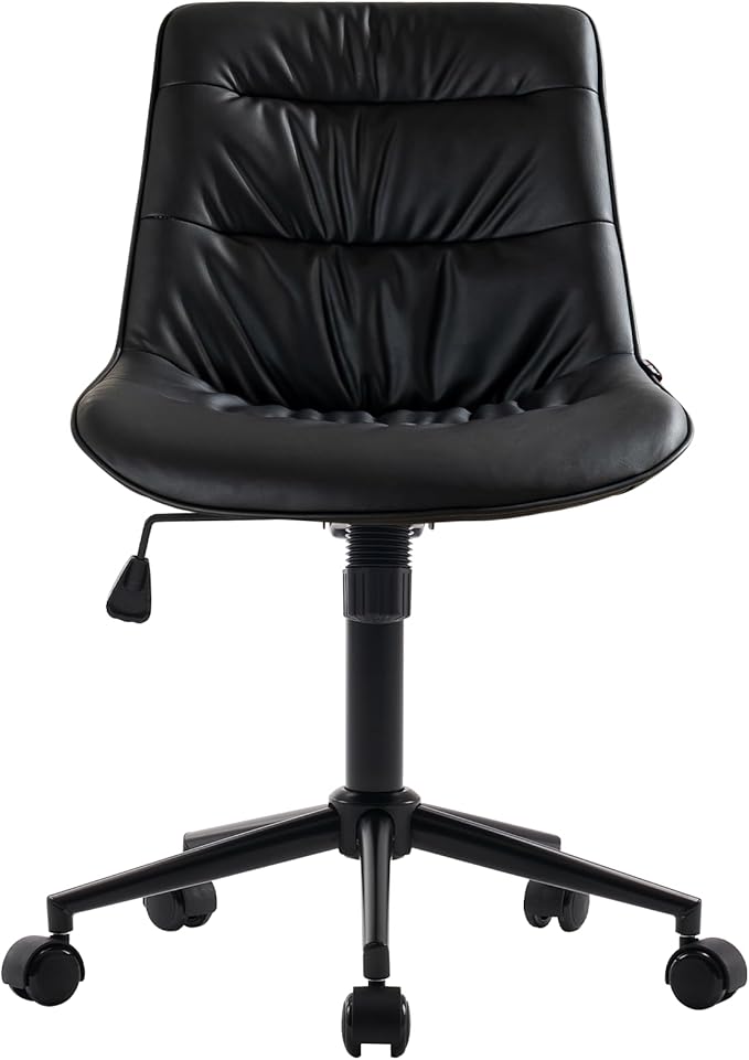 Kidol & Shellder Faux Leather Office Chair, Adjustable Swivel Height Task Chair, Rolling Wheels & Soft Backrest - Armless Ergonomic Desk Chair for Home, Office,Vanity,Gaming（Black）