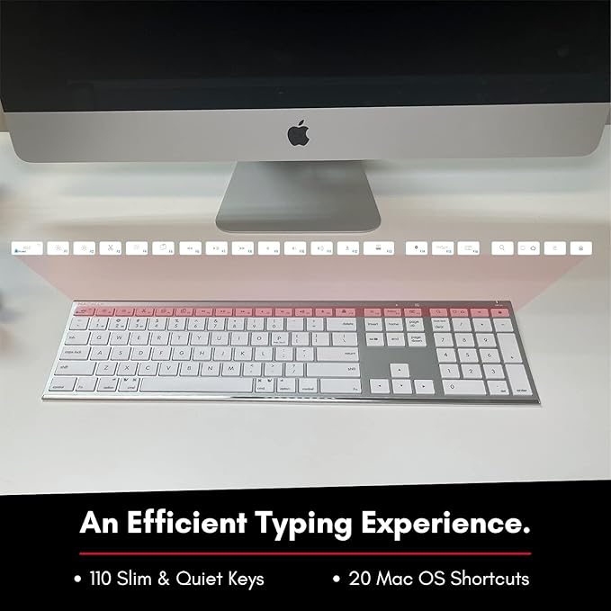 Macally Wireless Bluetooth Keyboard for Mac - Compatible Apple Keyboard or MacBook Pro/Air, iMac - Multi-Device, Up to 3 Devices with 110 Keys, 20 Shortcuts, Numeric Keypad, and Rechargeable - Silver