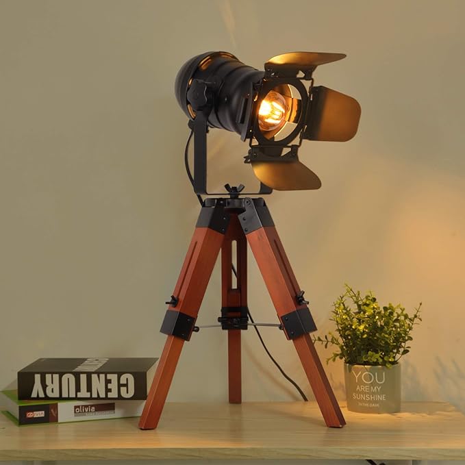 Decoluce Industrial Tripod Floor Table Lamp Vintage Wood Cinema Searchlight Standing Lighting Fixtures Nautical Spotlight Decorations-Not Include E26 Bulbs (Cinema)