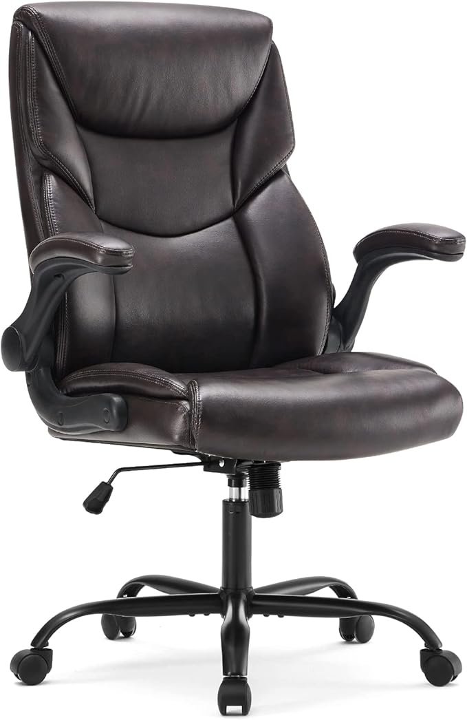 Sweetcrispy Computer Gaming Chair, Ergonomic High Back Heavy Duty Task Desk Office Chairs with Wheels, Flip-up Arms, Adjustable Height, PU Leather, Brown