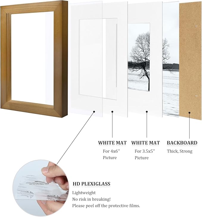 Egofine 4x6 Picture Frame Made of Solid Wood with Plexiglass, Display Pictures 3.5x5 with Mat or 4x6 Without Mat, for Tabletop and Wall Mounting Photo Frame, Light Brown