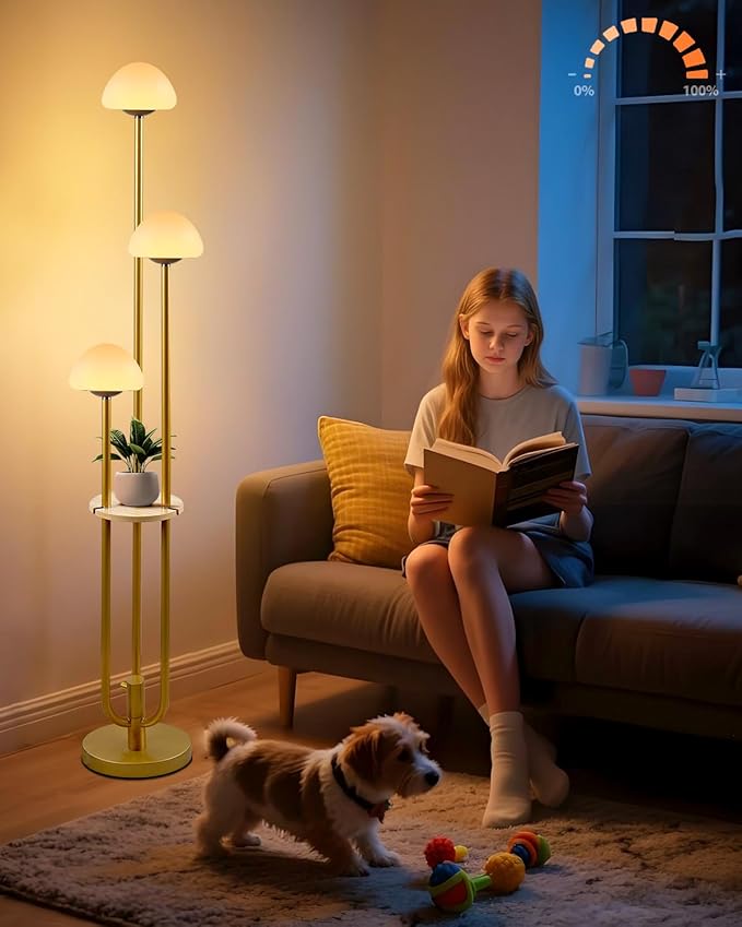 Gold Dimmable Floor Lamp with Table Modern Floor Lamps with 5Lbs Heavy Base for Living Room 3000K Tall Standing Lamp with Mushroom Shades & Bulbs Included for Bedroom/Office//Sofa Beside/Corner Decor