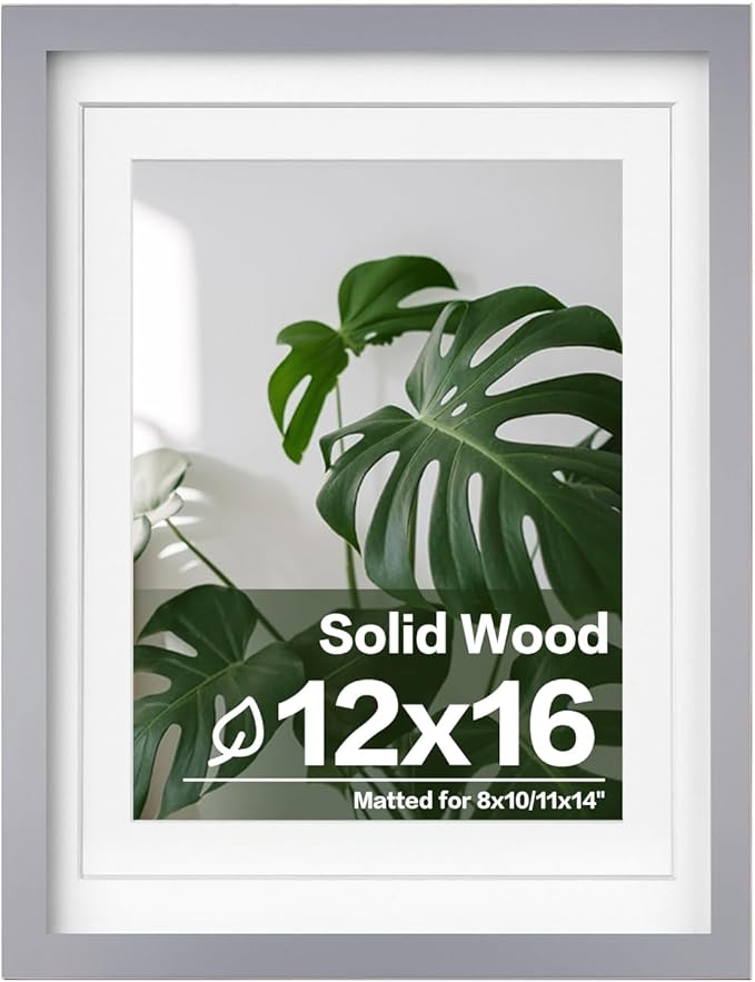 Egofine 12x16 Picture Frame Made of Solid Wood with Plexiglass, Display Pictures 9x12/11x14 with Mat or 12x16 Without Mat, for Wall Mounting Photo Frame, Light Grey