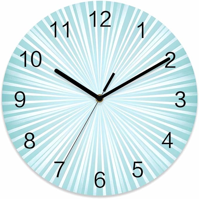 Abstract Wall Clock Battery Operated Non-Ticking 12" Round Wood Clocks, Sunburst Rays Light Blue Kitchen Wall Clock for School Bathroom Living Room Home Office Wall Decor