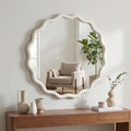 24 Inch Wooden Wavy Round Wall Mirror, Modern Solid Wood Frame Circle Decorative Accent Mirror for Bedroom, Bathroom, Living Room, Entryway, White