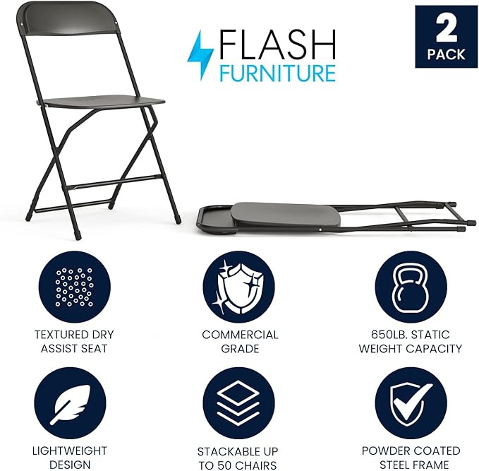 Flash Furniture Hercules Series Plastic Folding Chairs for Parties and Weddings, Stackable Commercial Event Seats with 650-lb. Static Weight Capacity, Set of 2, Black