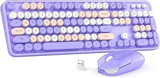 Wireless Keyboard and Mouse Combo, MOWUX Colorful Computer Full Size 2.4G Plug and Play Wireless Typewriter Keyboard and Mouse Set for Windows, Computer, Desktop, PC, Notebook (Purple Colorful)