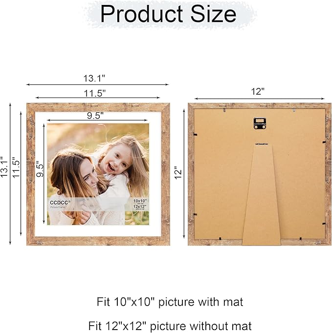 12x12 Picture Frame Set of 4, 12 x 12 Wood Photo Frames with Mat for 10x10 or 30x30cm Diamond Painting Art, Wooden Frame with Real Glass Cover for Wall and Tabletop Display,Brown