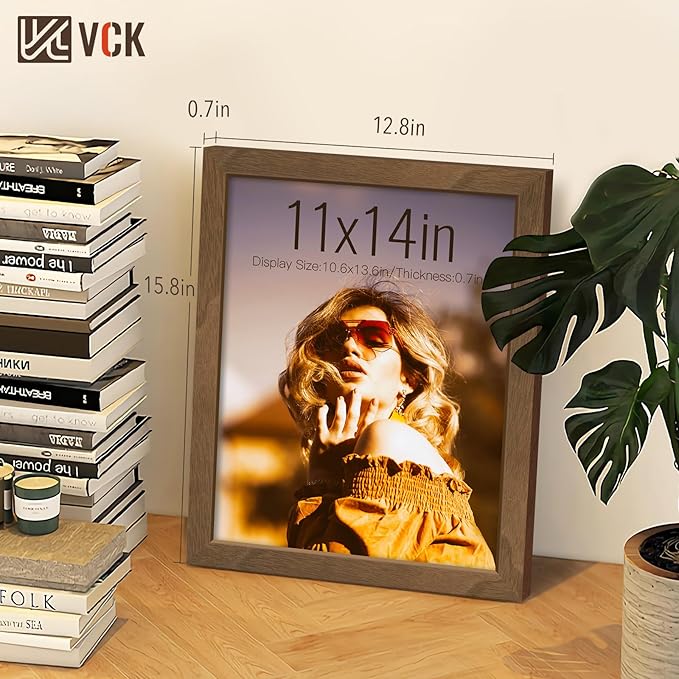 VCK 11x14 Brown Walunt Picture Frames 3 Pack, High-End Wood Wide Border Poster Frame,Tabletop & Wall Hanging, Multi-Directional Display Family Photos, Office Prints, Studio/Gallery/Home
