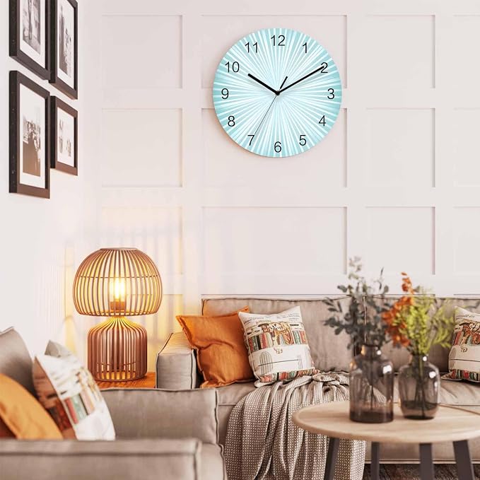 Abstract Wall Clock Battery Operated Non-Ticking 12" Round Wood Clocks, Sunburst Rays Light Blue Kitchen Wall Clock for School Bathroom Living Room Home Office Wall Decor