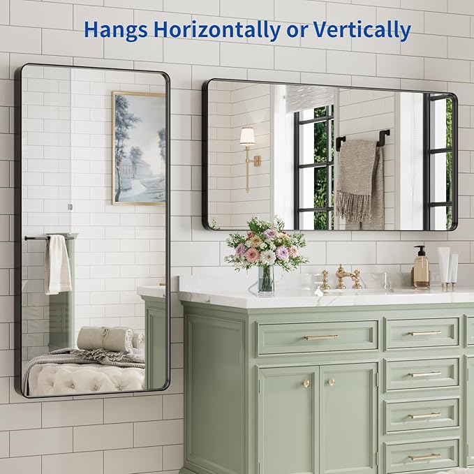 WEER Black Bathroom Mirror for Wall, 48X24 Inch Matte Black Mirror, Rectangular Black Metal Framed Vanity Mirror with Tempered Glass, Rounded Corner, Anti-Rust (Horizontal/Vertical)