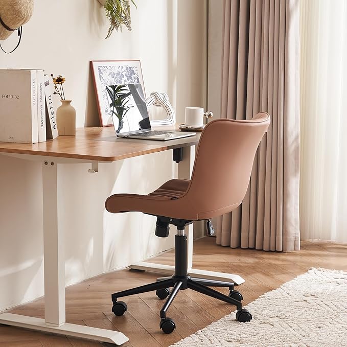 YOUTASTE Pink Modern Office Chair, Faux Leather Armless Desk Chair with Wheels, Height Adjustable, Swivel, Rocking, 300 lbs Capacity, Metal Base, for Home Office Vanity