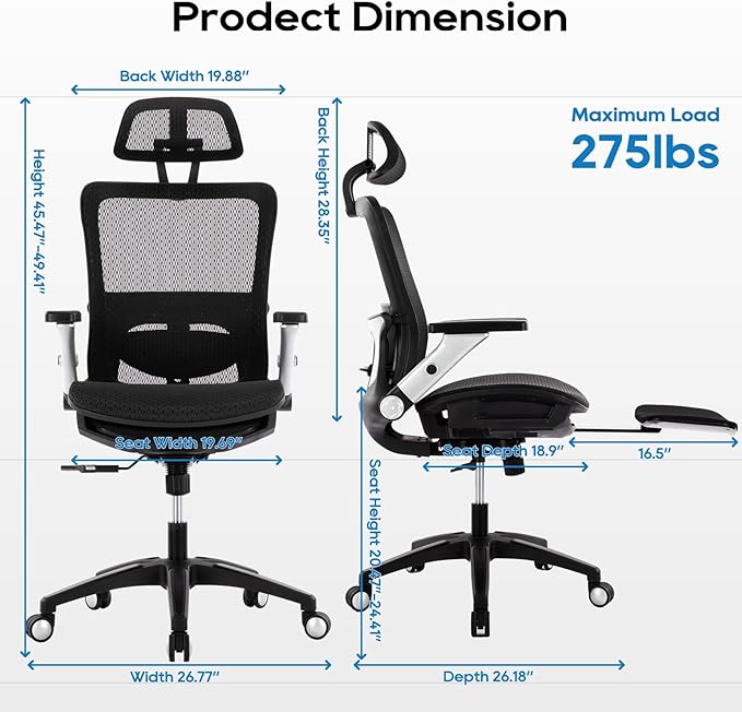 COLAMY Ergonomic Office Chair with Footrest, High Back Mesh Desk Chair with Adjustable Lumbar Support, 3D Armrests, Headrest, Recline Function, Rolling Swivel Task Chair for Home Office (Graphite)