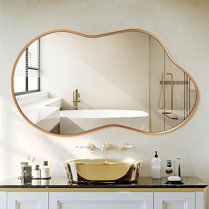 Dorlicecass Irregular Wall Mirror - Wall Mirrors Decorative 20"x36" Gold Asymmetrical Mirror Tempered Glass Aviation Aluminum Alloy Frame for Bathroom, Bedroom, Living Room, Cloakroom, Entryway