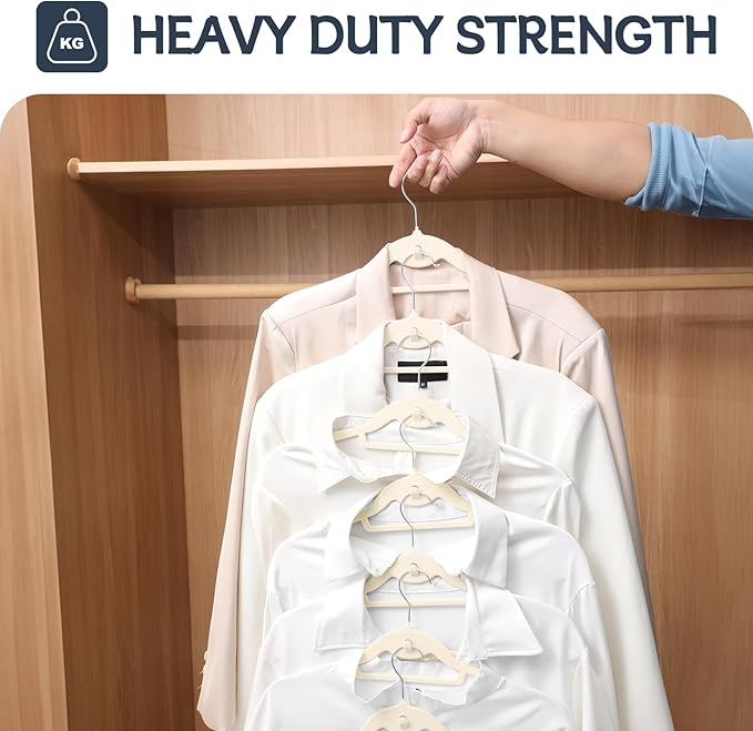 Velvet Hangers 50 Pack, Non Slip Stackable Clothes Hangers with Cascading Hooks, Ultra Thin and Space Saving Felt Hangers with Tie Bar, 360° Swivel Hooks, Heavy Duty for Suit Coat Shirt Pant- Ivory