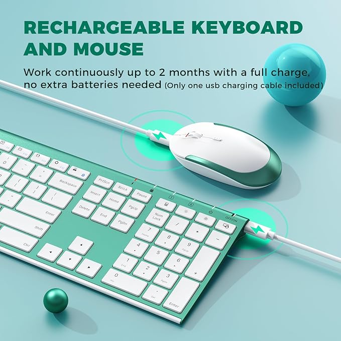 Wireless Keyboard and Mouse, Vssoplor 2.4GHz Rechargeable Compact Quiet Full-Size Keyboard and Mouse Combo with Nano USB Receiver for Windows, Laptop, PC, Notebook-Blackish Green