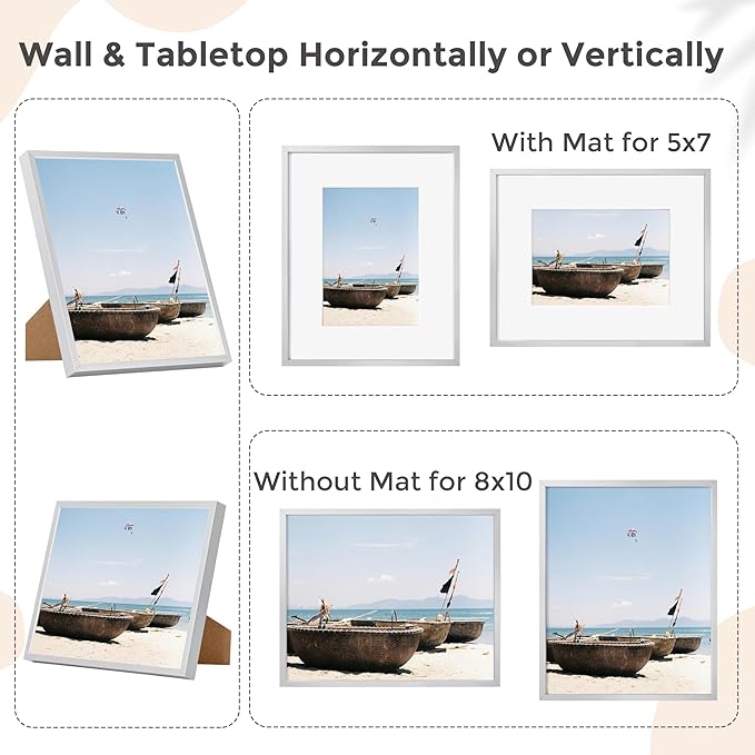 8x10 Picture Frame - 8 by 10 Metal Picture Frame With Mat | 8 x 10 Aluminum Photo Frame | Plexiglass And Hanging Hardware Included | 8x10 Gold Frame | Set of 3, Silver