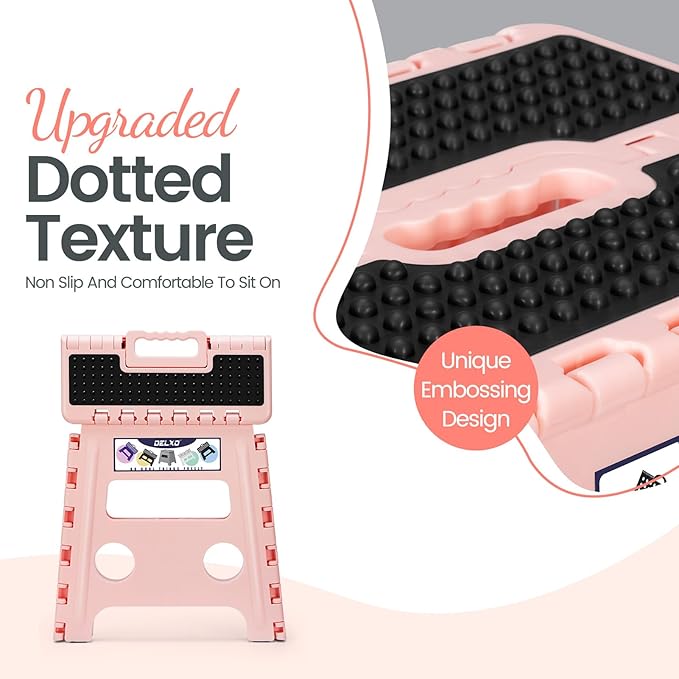 Delxo Folding Step Stool 13 Inch,Non-Slip Foldable Stools for Kids & Adults Up to 300 LBS,Kitchen Collapsible Fold Up Stepping Stool with Dotted 1 Pack,Pink