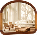 Arched Mirror 34 x 29 Inch,Brown Wood Rustic Bathroom Tempered Wall Mirror with Wood Frame,Round Corner Arch Farmhouse Wooden Vanity Mirror for Living Room,Entryway or Bedroom（Walnut Brown）