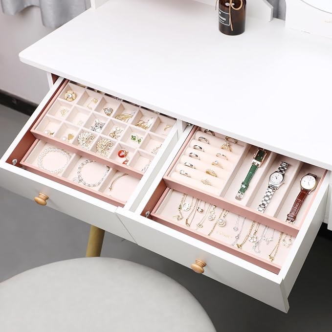 LANDICI Stackable Jewelry Organizer Trays 4 Set, PU Leather Jewelry Organizer
