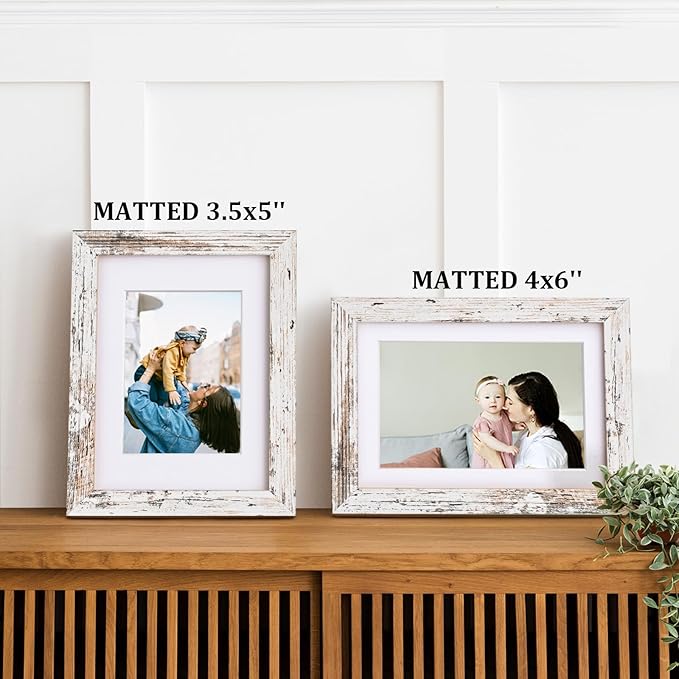Egofine 5x7 Picture Frame Made of Solid Wood, Covered by Plexiglass Display Pictures 3.5x5/4x6 with Mat or 5x7 Without Mat for Table Top Display and Wall Mounting Photo Frame, Rustic White