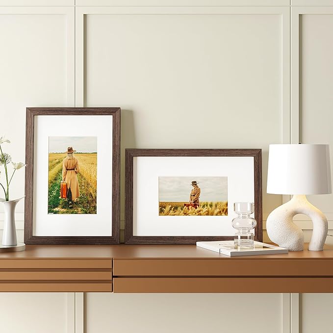 Egofine 8x12 Picture Frame Made of Solid Wood with Plexiglass, Display Pictures 5x7/6x8 with Mat or 8x12 Without Mat for Tabletop and Wall Mounting, Rustic Brown