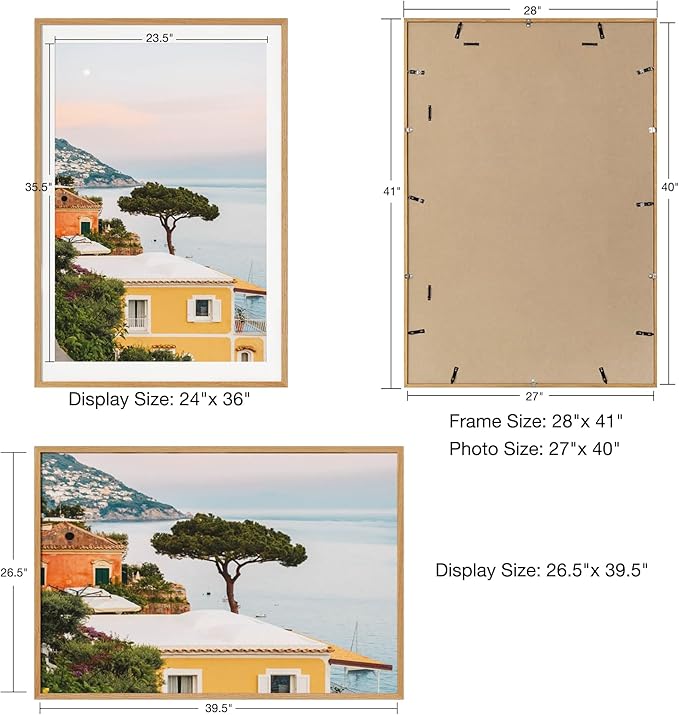 Axeman 27x40 Picture Frame with Mat for 24x36, Solid Oak Wood Poster Frame with Tempered Glass for Home Decor, Wooden 27''x40'' Minimalist Photo Frame Movie Poster Frame with Wall Hooks, Natural