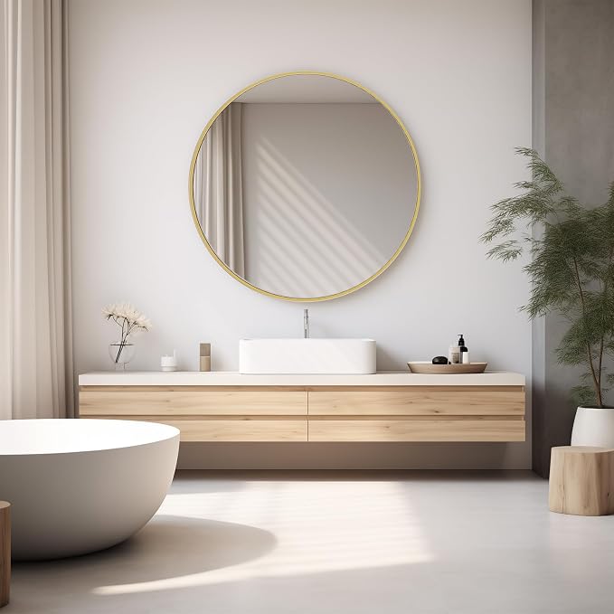Sweetcrispy 36 Inch Round Wall Mirror with Tempered Glass, Bathroom Mirror Over Sink, Anti-Fog & Waterproof Round Mirrors for Bathroom, Entryway, Bedroom, Shatterproof Design, Gold