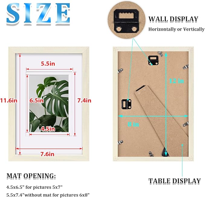 Egofine 8x12 Picture Frame Made of Solid Wood with Plexiglass, Display Pictures 5x7/6x8 with Mat or 8x12 Without Mat for Tabletop and Wall Mounting, Beige